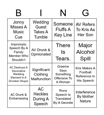 Wedding Carnage 2023 Bingo Card