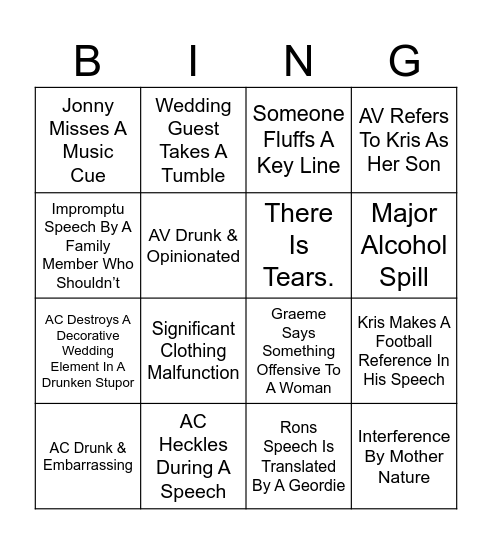 Wedding Carnage 2023 Bingo Card