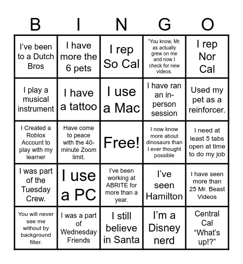 ABRITE BINGO Card