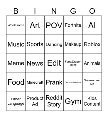 YT Shorts Bingo Card