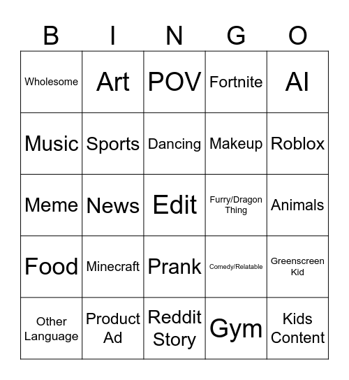 YT Shorts Bingo Card