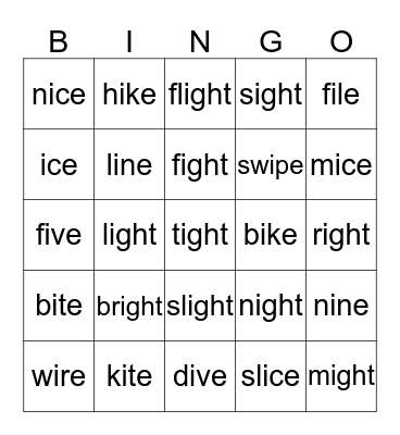 i_e and ight  Bingo Card