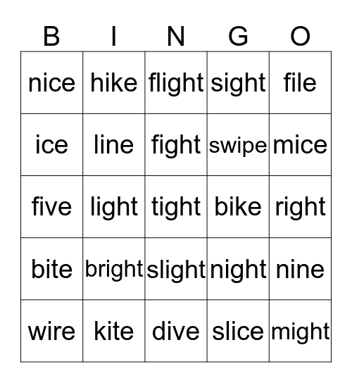 i_e and ight  Bingo Card