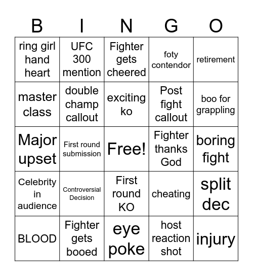 UFC 296 Bingo Card Bingo Card