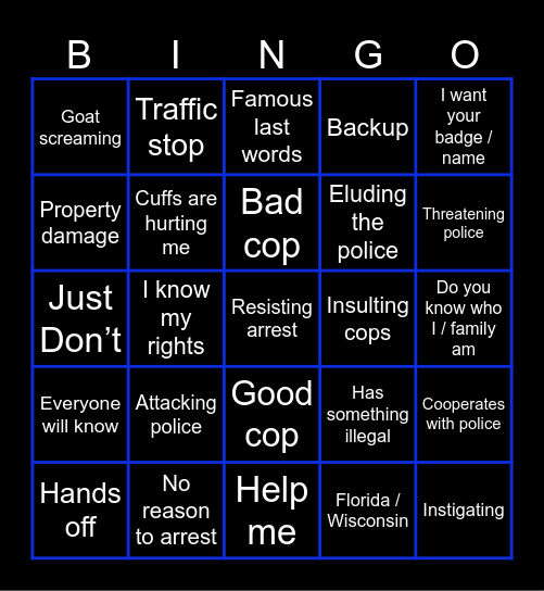 Body Cam Bingo Card