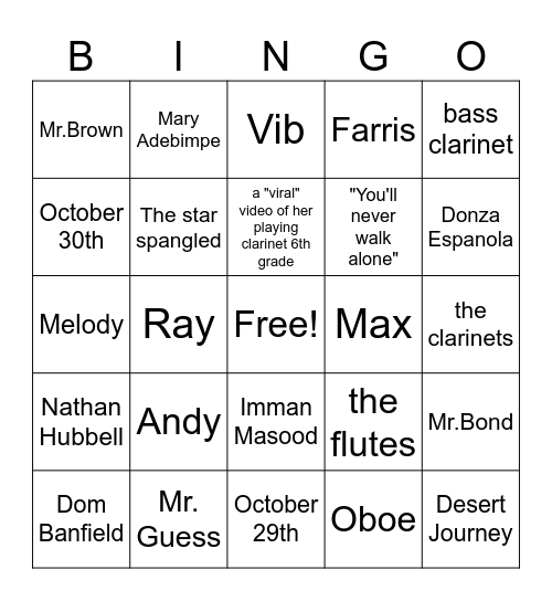 Woodwind Bingo Card