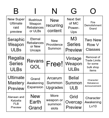 GBF Christmas 2023 Stream Bingo Card