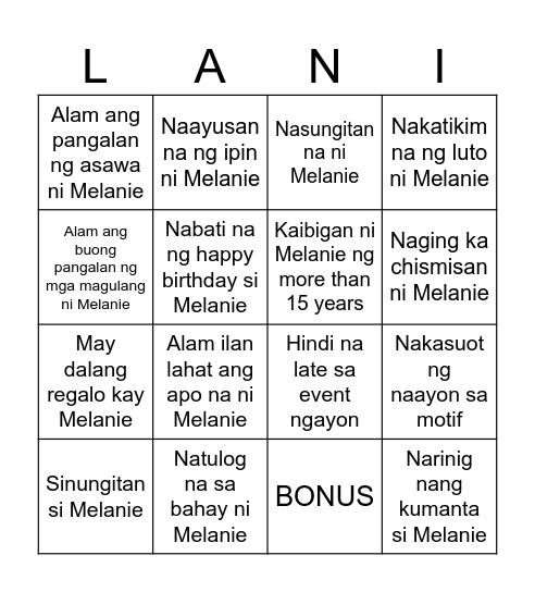 Be the first winners of the Melanie BINGO! Bingo Card