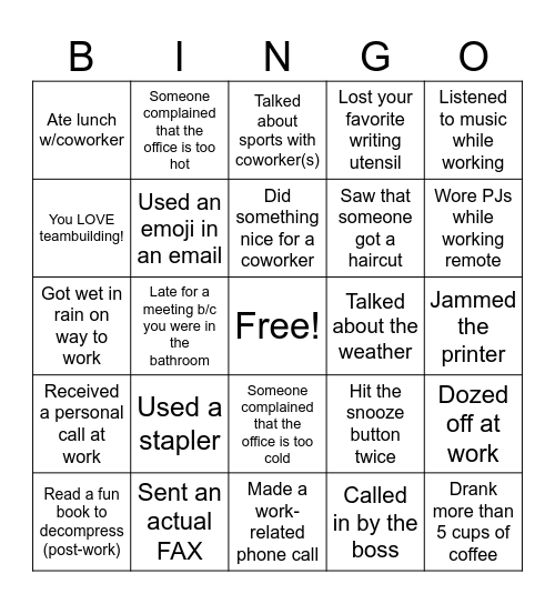 Workplace Bingo Card