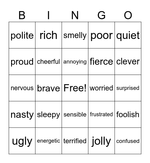 character adjectives Bingo Card