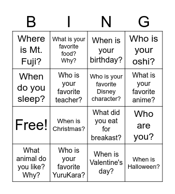 5 Wh Questions Bingo Card