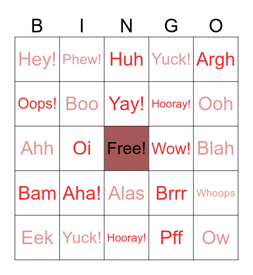 Interjection Bingo Card