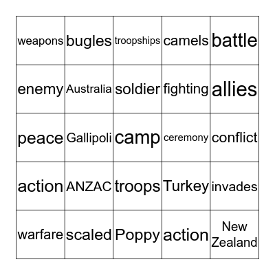 ANZAC BINGO Card