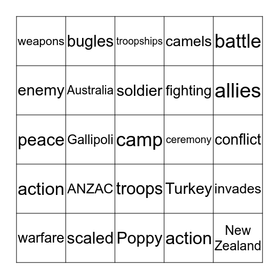ANZAC BINGO Card