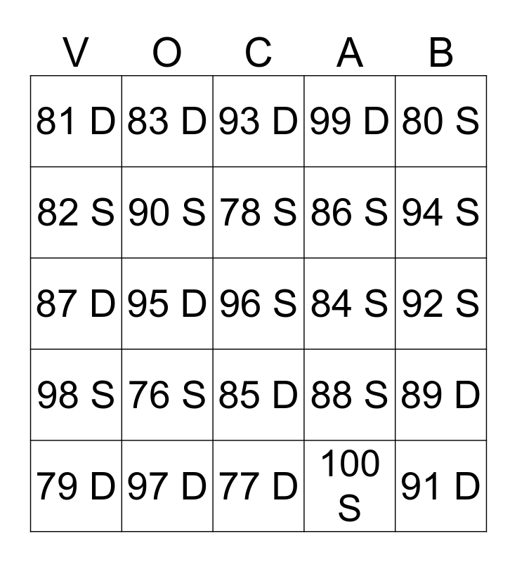 100 Word Bingo Card