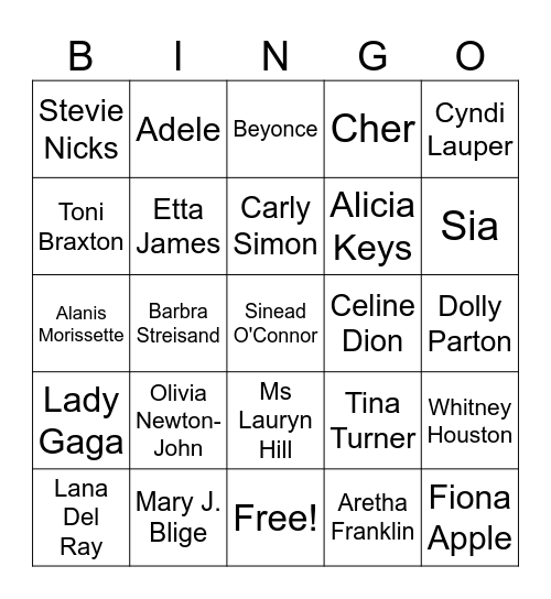 Female Vocalists Bingo Card