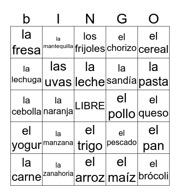 Comida Bingo Card