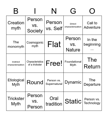 Mythology Unit Bingo Card