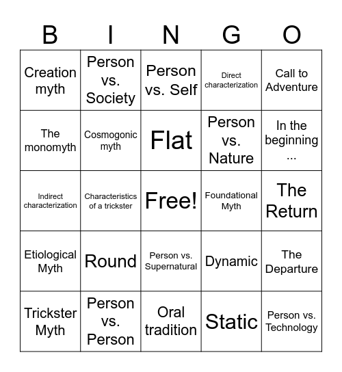Mythology Unit Bingo Card