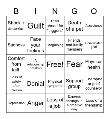 Grief & Loss Bingo Card