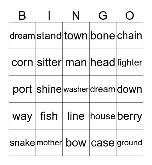 Compound Word Bingo Card