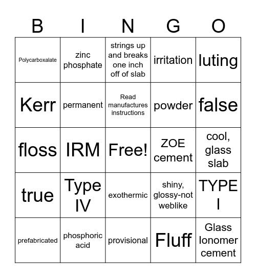 Dental Cements and Provisionals Bingo Card