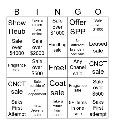 Saks Sunday Bingo! Bingo Card