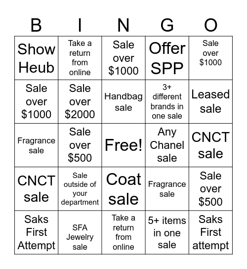 Saks Sunday Bingo! Bingo Card