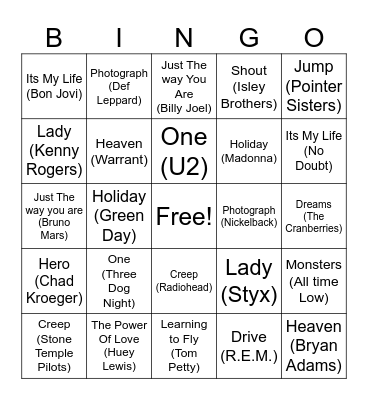Same Name-Different Song Bingo Card