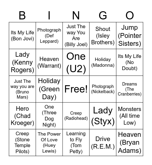 Same Name-Different Song Bingo Card
