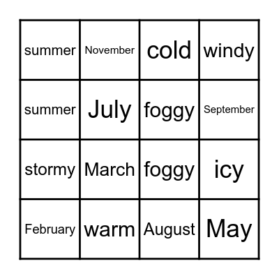 Months, Seasons & Weather Bingo Card