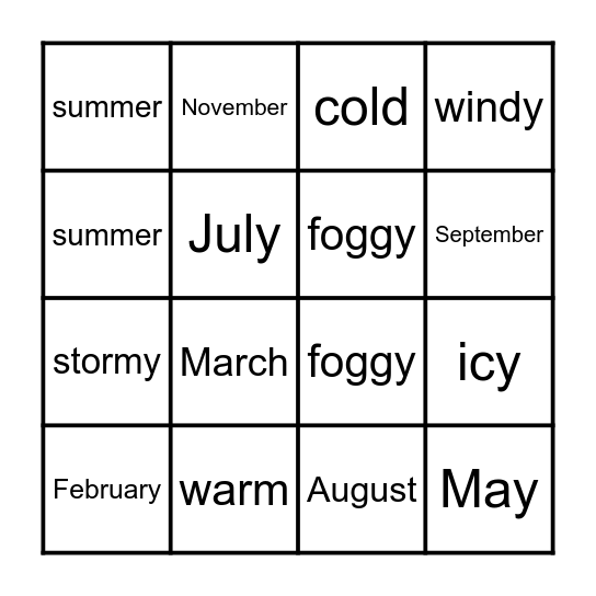 Months, Seasons & Weather Bingo Card