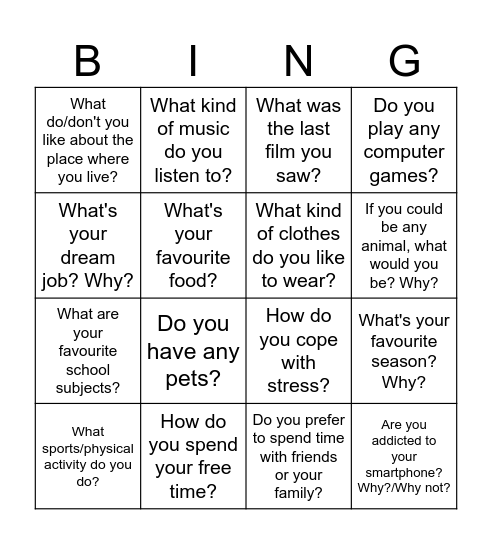 General questions Bingo Card