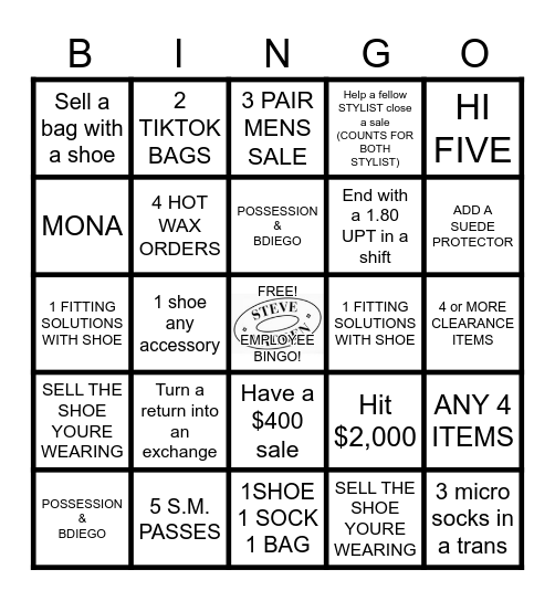 Steve Madden Bingo Card