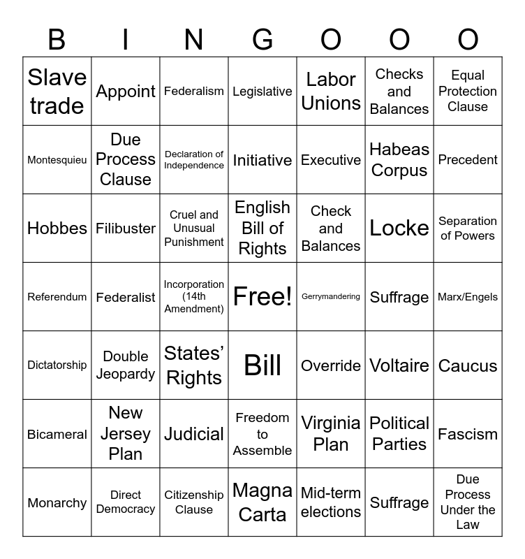 Fall Semester 8th grade REview Bingo Card