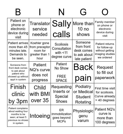Peds Ortho Clinic Bingo Card