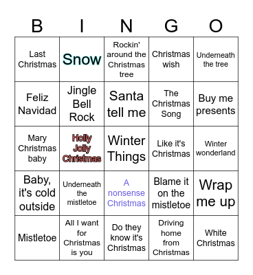 Christmas Song Bingo Card