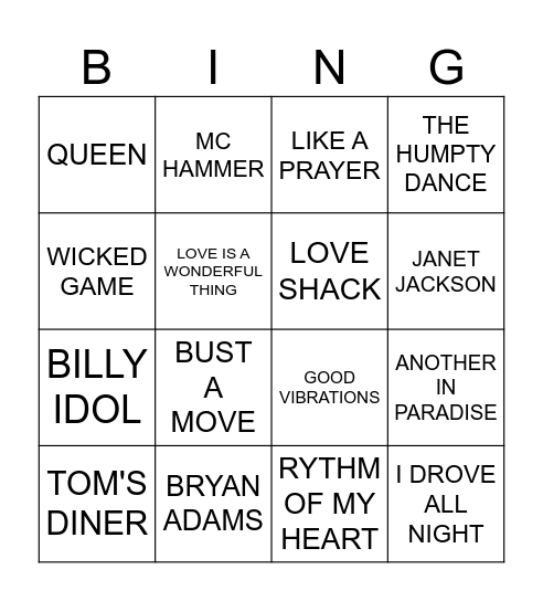 1989-1991 Bingo Card