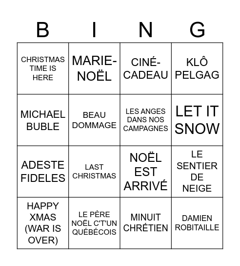 NOËL Bingo Card