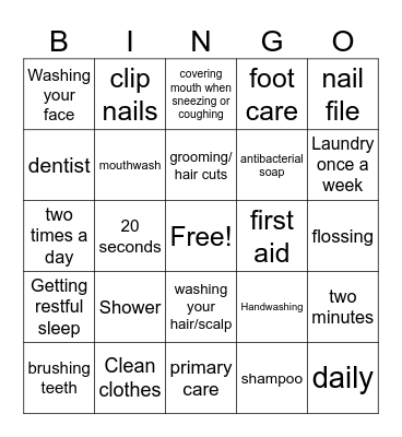 Personal Care Skills Bingo Card