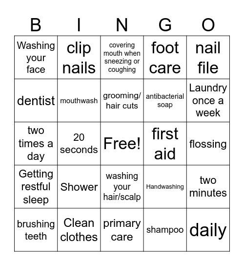 Personal Care Skills Bingo Card