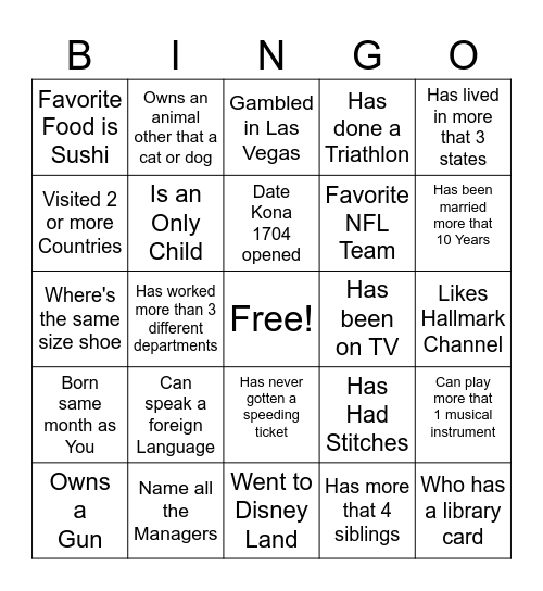Get to  know You Bingo Card
