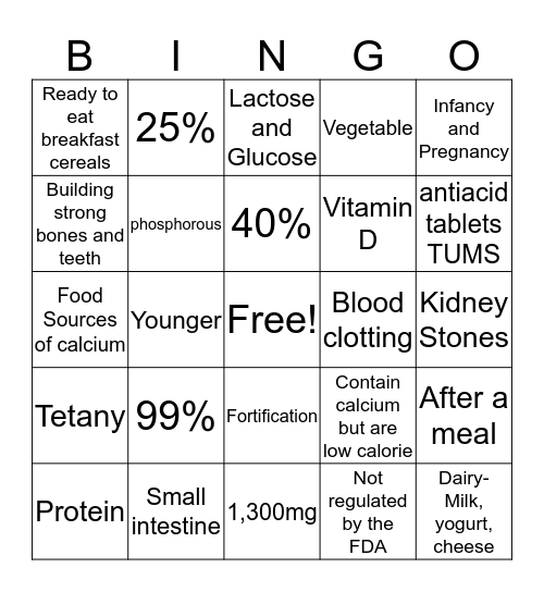 Calcium! Bingo Card