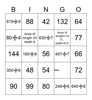 Grade 4   Multiplication/Division Bingo Card