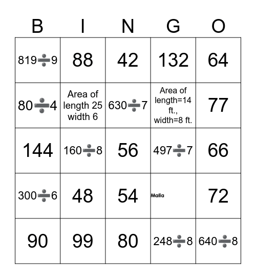 Grade 4   Multiplication/Division Bingo Card