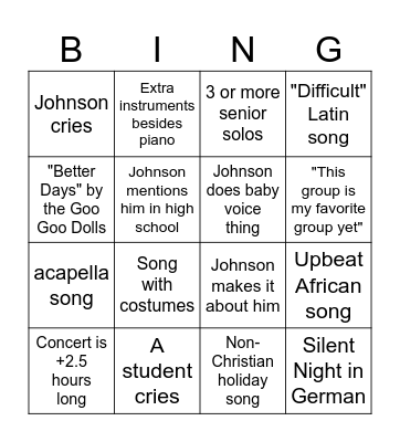 Kylie's Choir Concert Bingo Card