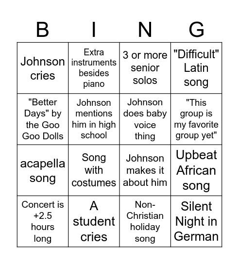 Kylie's Choir Concert Bingo Card
