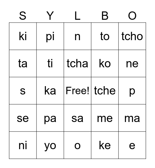 SYLBO K-6 Bingo Card