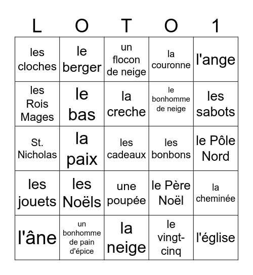 Vocabulaire de Noël Bingo Card