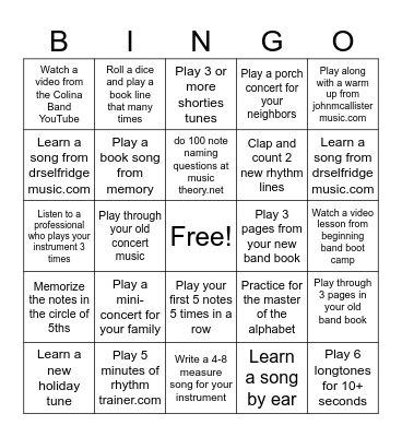 Winter Break Bingo! Beginning Band Edition Bingo Card